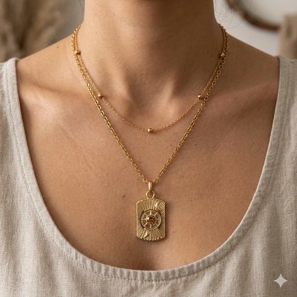 18K Gold Plated Layered Necklace Set Sun Moon Pendant Amber Crystal Satellite Ch